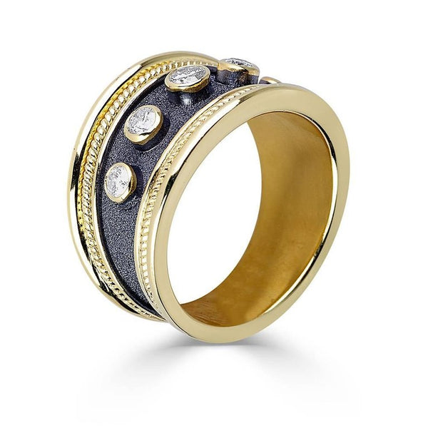 18 Karat Yellow Gold Diamond Band Ring in Byzantine Style