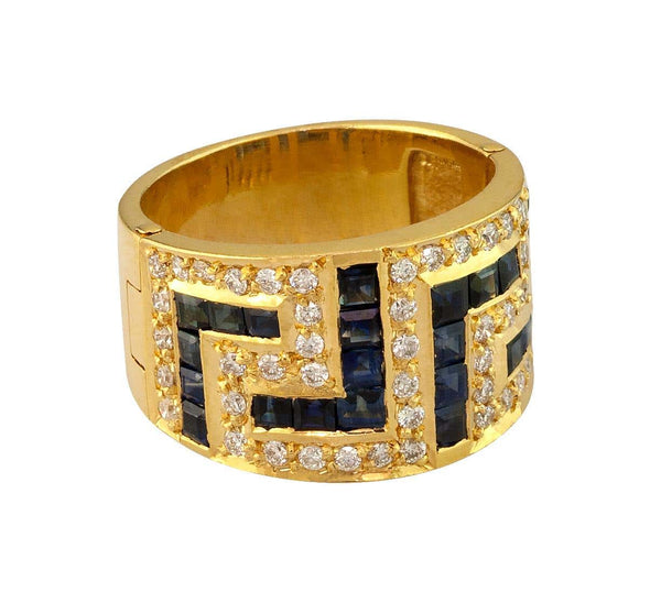 18 Karat Yellow Gold Black White Diamonds Sapphire Key Ring