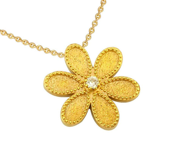 18 Karat Yellow Gold Diamond Flower Pendant with Chain