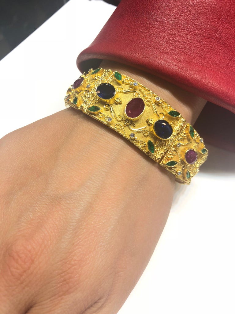 18 Karat Gold Ruby Emerald Sapphire Diamond Wide Bracelet