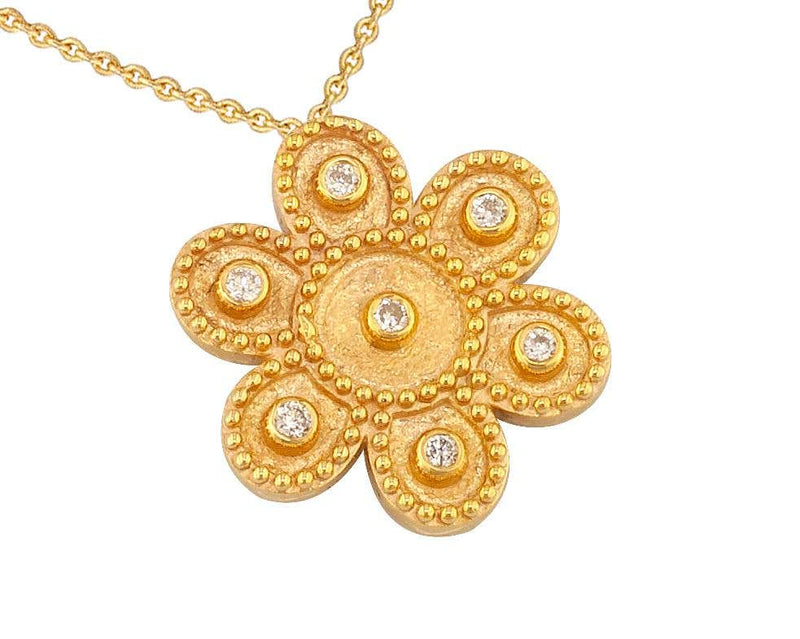 18 Karat Yellow Gold Diamond Flower Pendant with Granulation