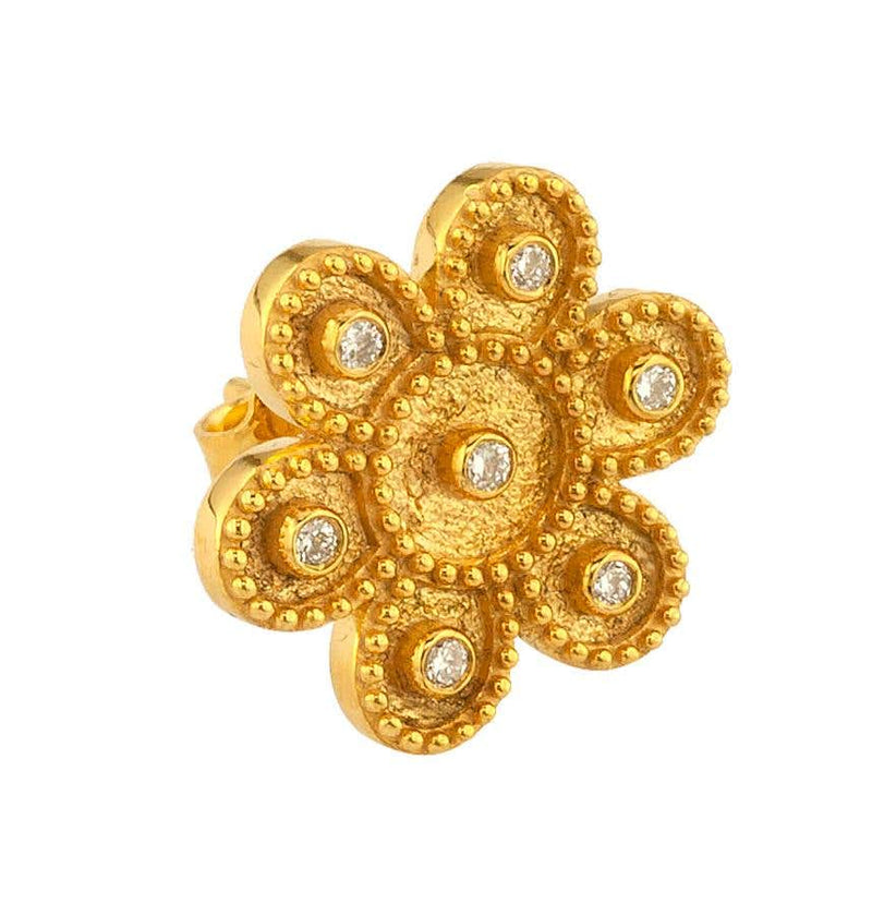 18 Karat Yellow Gold Diamond Round Flower Stud Earrings