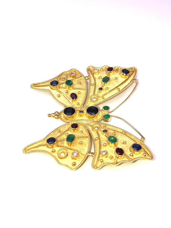 18 Karat Gold Diamond Emerald Sapphire Butterfly Brooch