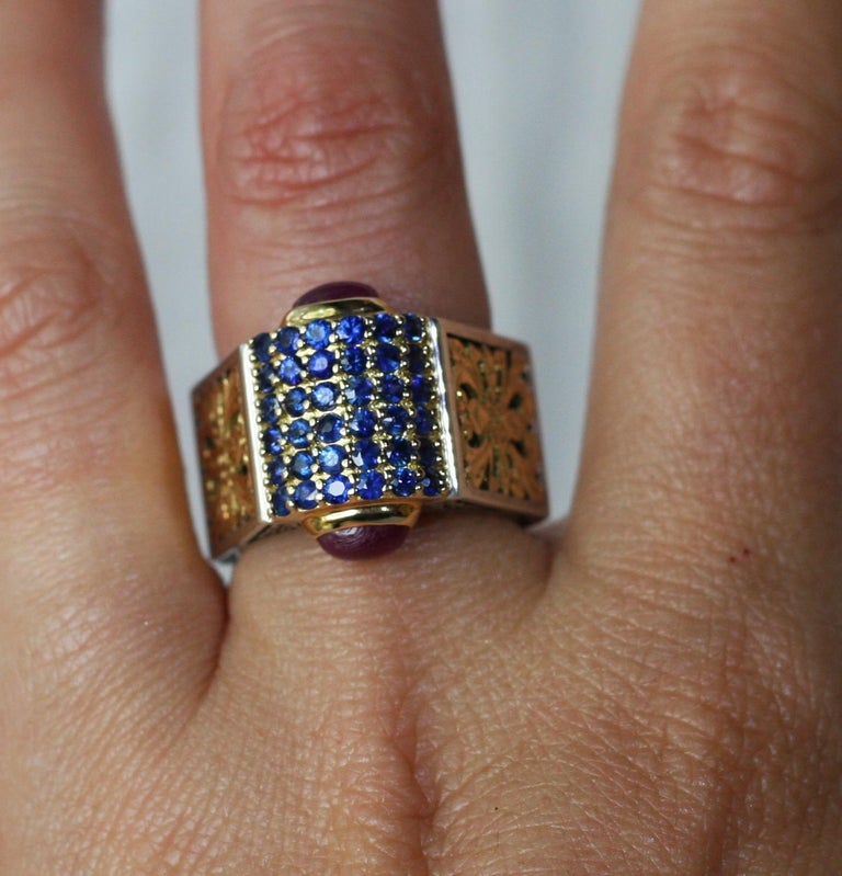 18 Karat Gold and Silver Ring with Sapphire and Tourmalines