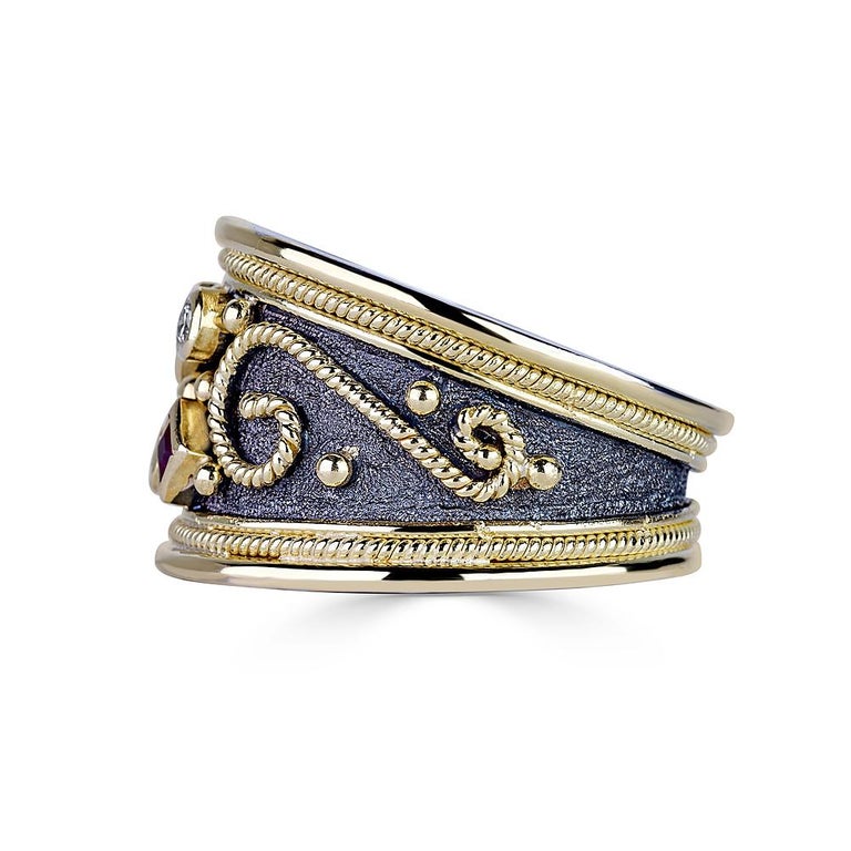 18 Karat White and Yellow Gold Byzantine Diamond Ruby Ring