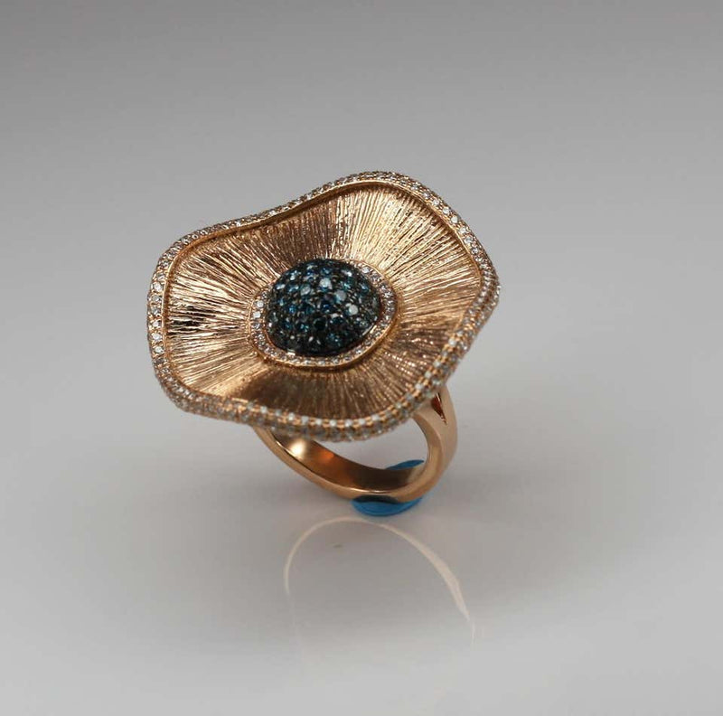 18 Karat Rose Gold Multi Blue and White Diamond Ring