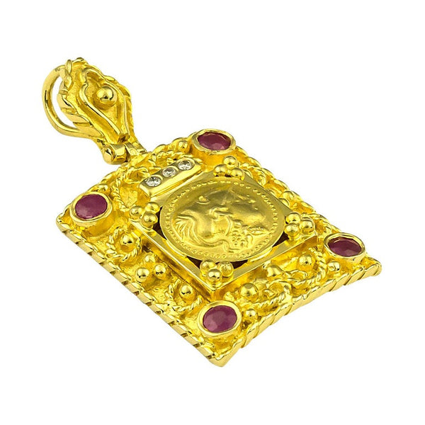 18 Karat Yellow Gold Diamond Ruby Coin Pendant of Athena