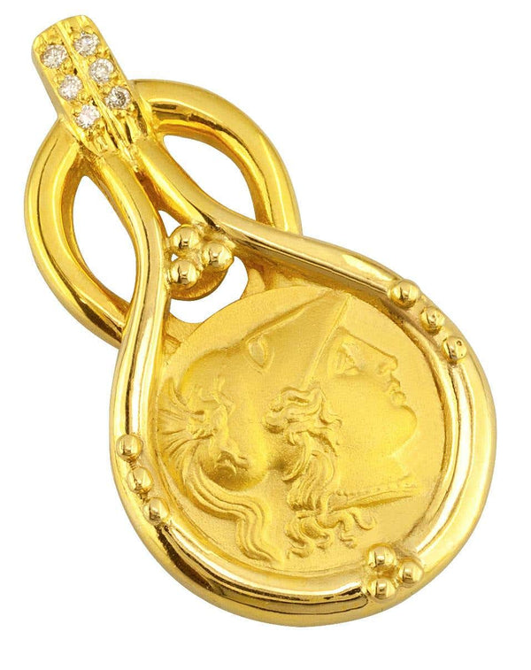 18 Karat Gold Diamond Coin Pendant of Goddess Athena