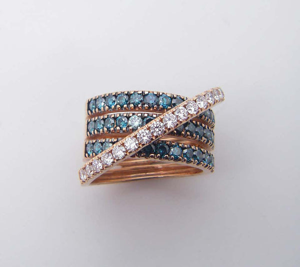 18 Karat Rose Gold Blue and White Diamond Wide Band Ring