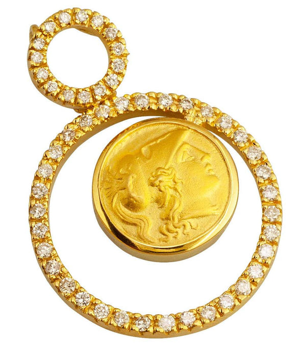 18 Karat Yellow Gold Diamonds Athena Coin Pendant Necklace