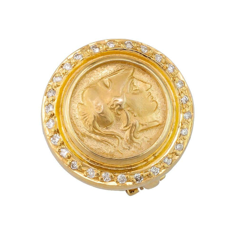 18 Karat Gold Clip Earrings with Athina Coin and Diamonds