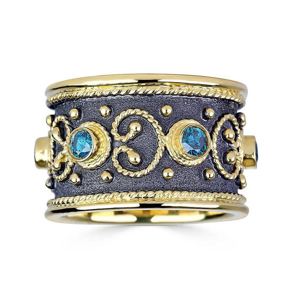 18 Karat Yellow Gold Diamond Band Ring with Blue Diamonds