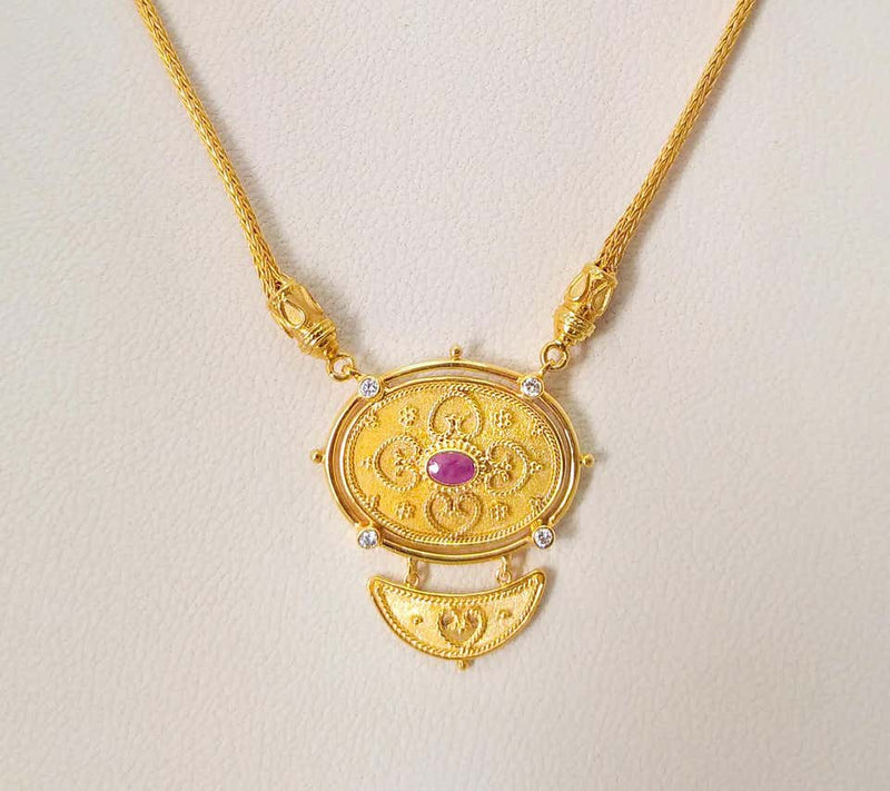 18 Karat Yellow Gold Diamond Ruby Drop Pendant Necklace
