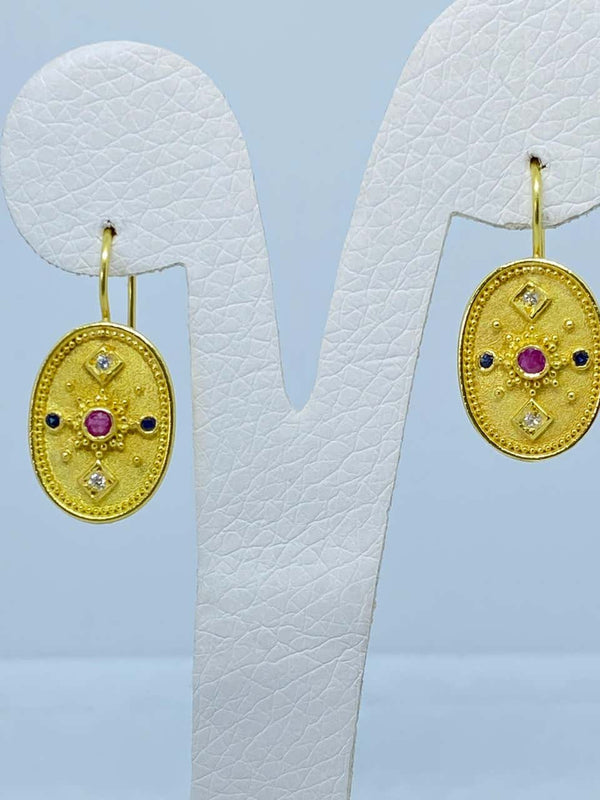 18 Karat Yellow Gold Diamond Ruby Sapphire Drop Earrings
