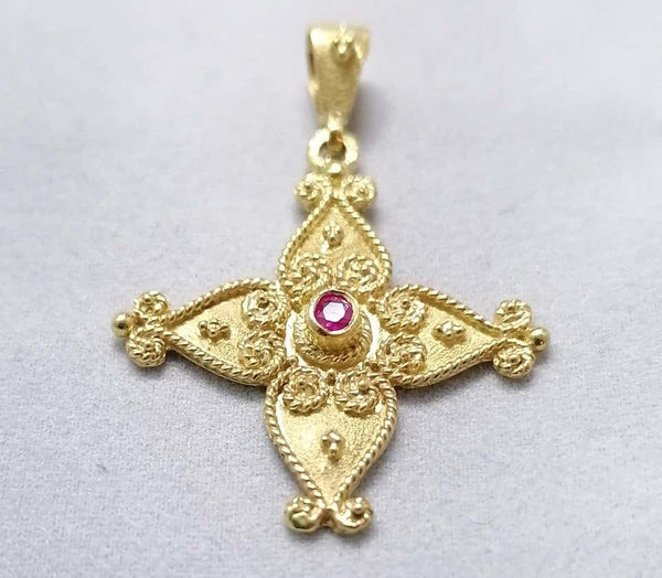 18 Karat Yellow Gold Ruby Byzantine Style Cross