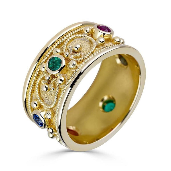 18 Karat Gold Byzantine Ring with Ruby Sapphire Emerald