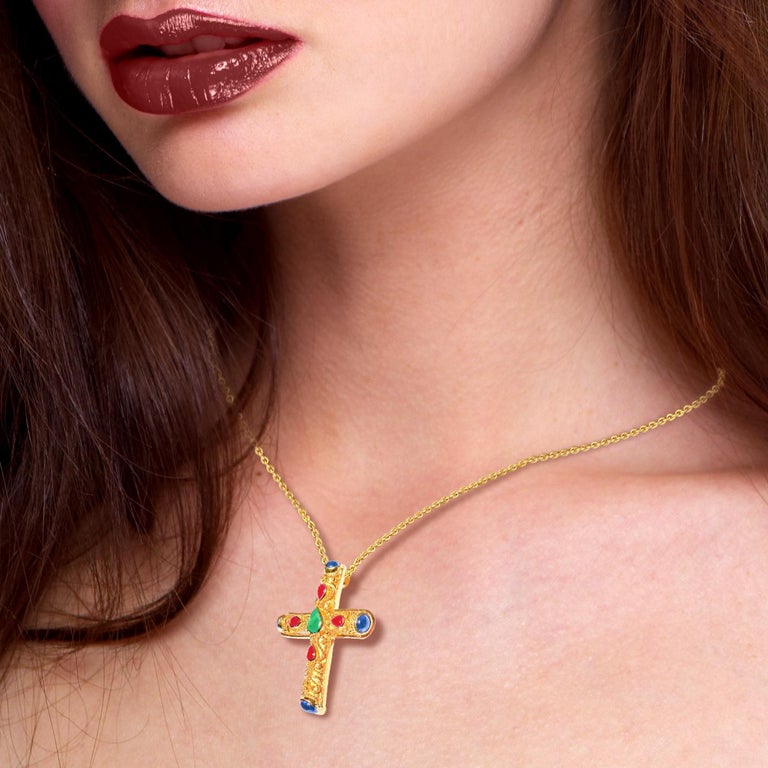 18 Karat Gold Emerald, Ruby, Sapphire Byzantine Cross