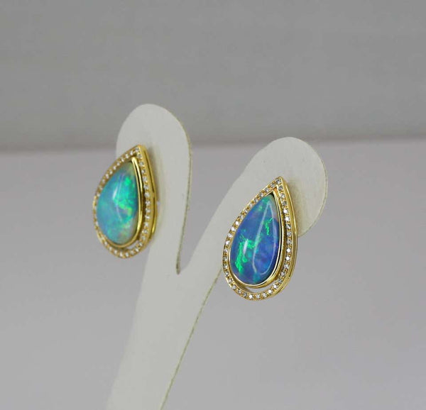 18 Karat Yellow Gold Pear Shape Opal and Diamond Earrings