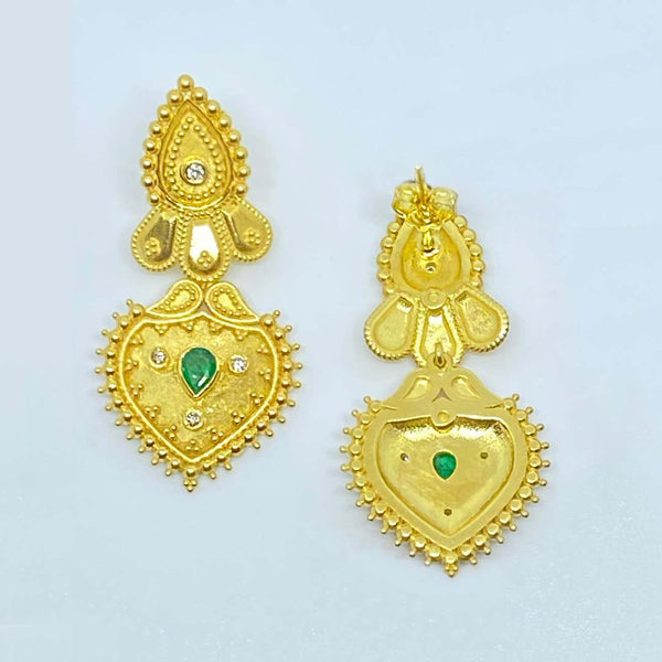18 Karat Yellow Gold Diamond and Emerald Drop Earrings