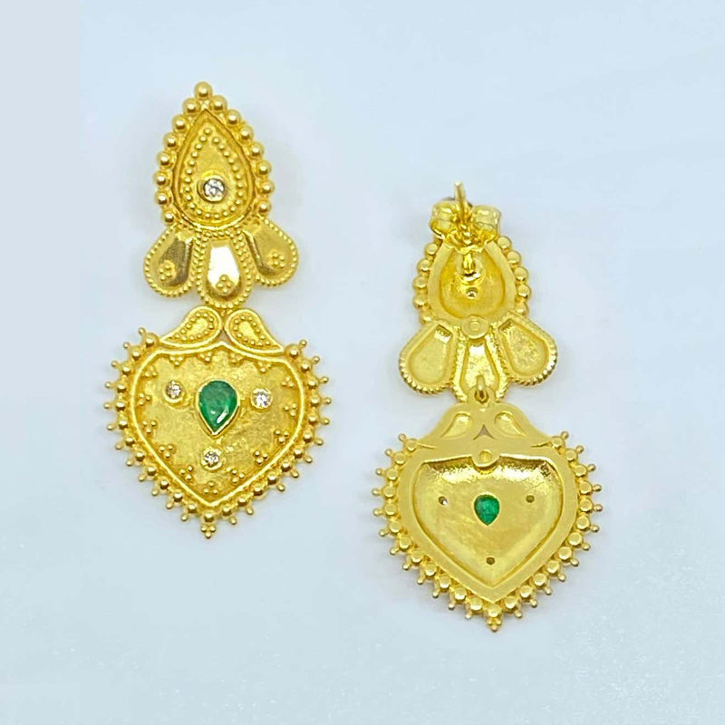 18 Karat Yellow Gold Diamond and Emerald Drop Earrings