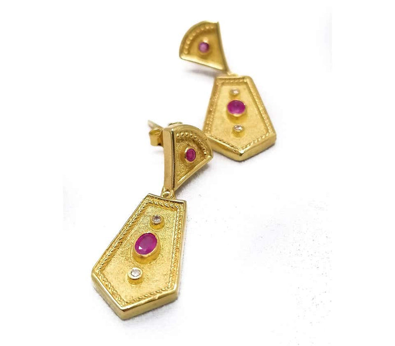 18 Karat Yellow Gold Diamond Ruby Etruscan-Style Earrings