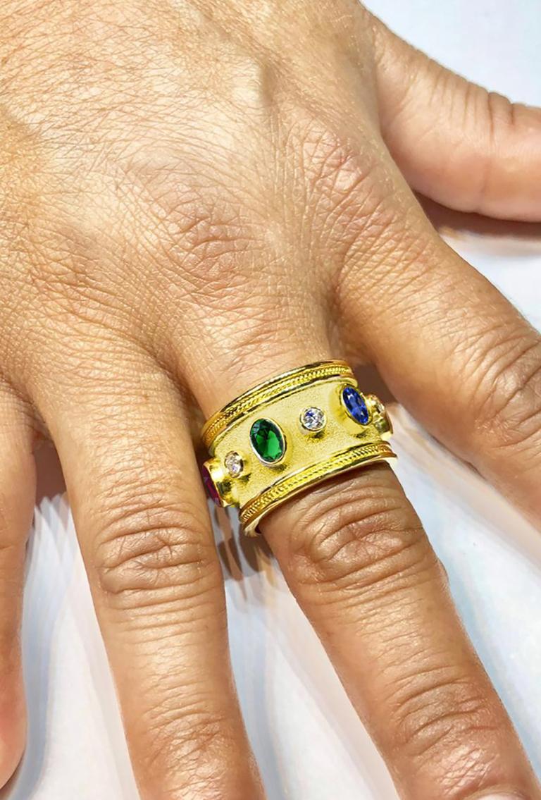 18 Karat Yellow Gold Diamond Ruby Emerald Sapphire Ring