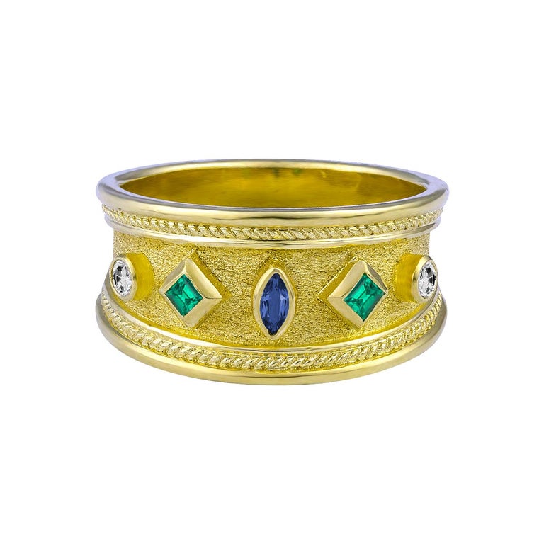 18 Karat Yellow Gold Emerald Sapphire and Diamond Ring
