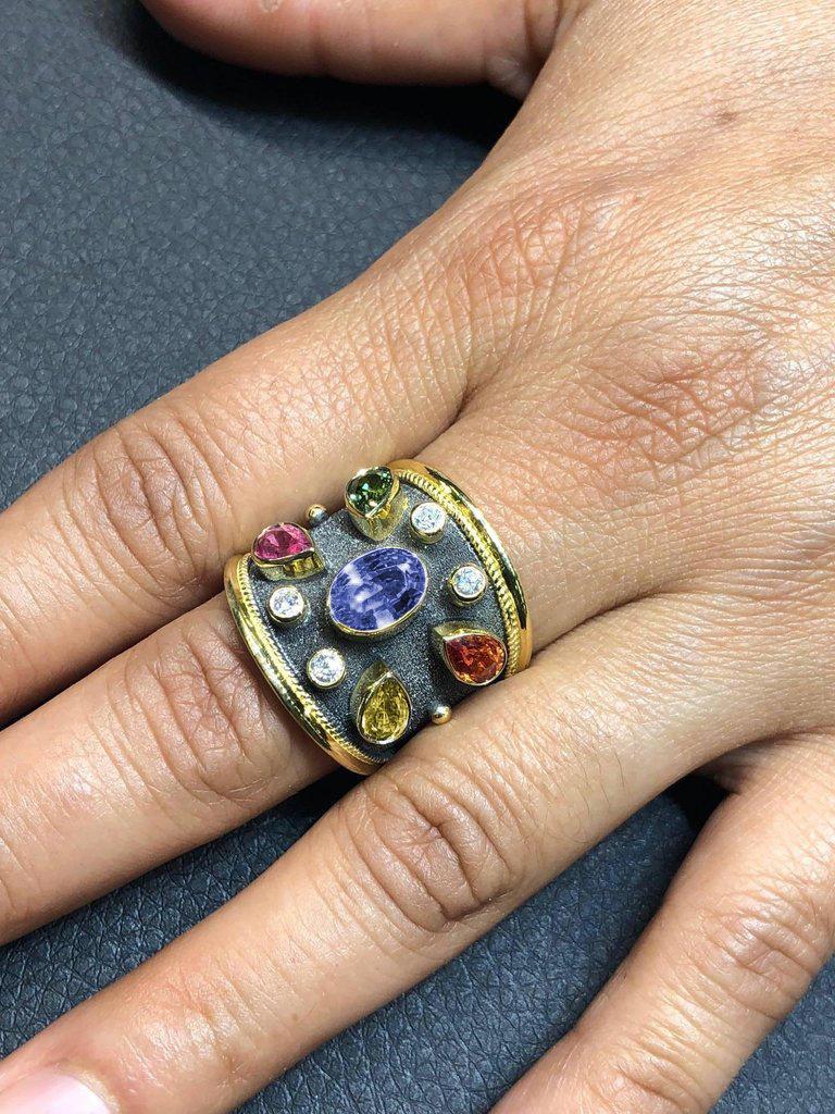 18 Karat Yellow Gold Multicolor Sapphire and Diamond Ring
