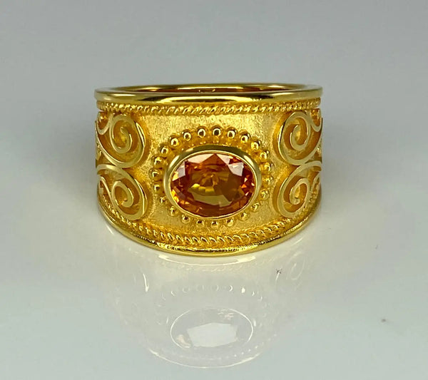18 Karat Yellow Gold Byzantine Style Orange Sapphire Ring