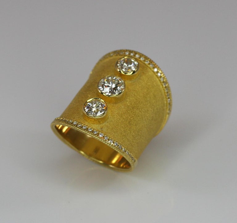 18 Karat Yellow Gold Wide Diamond Ring in Byzantine Style