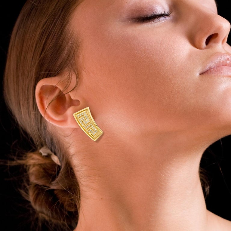 18 Karat Yellow Gold Diamond Earrings the Greek Key Design