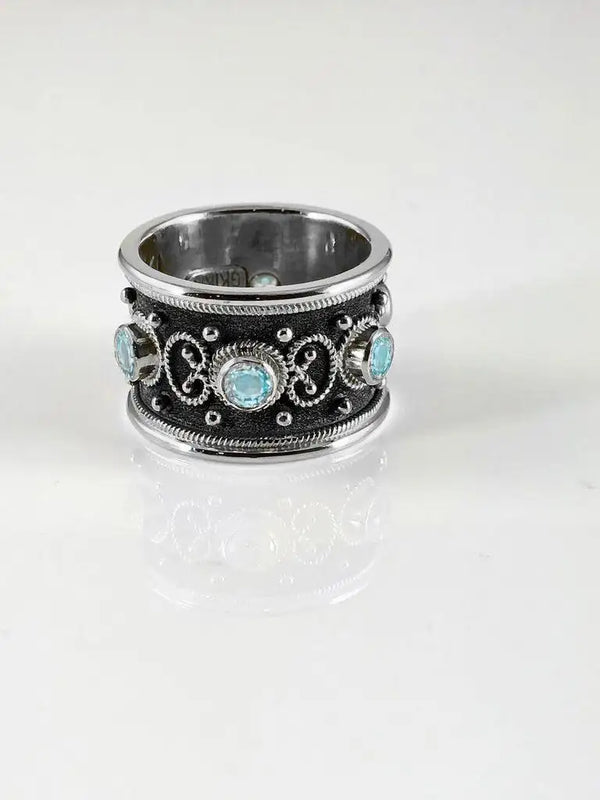 18 Karat White Gold Aquamarine Two-Tone Wide Band Ring