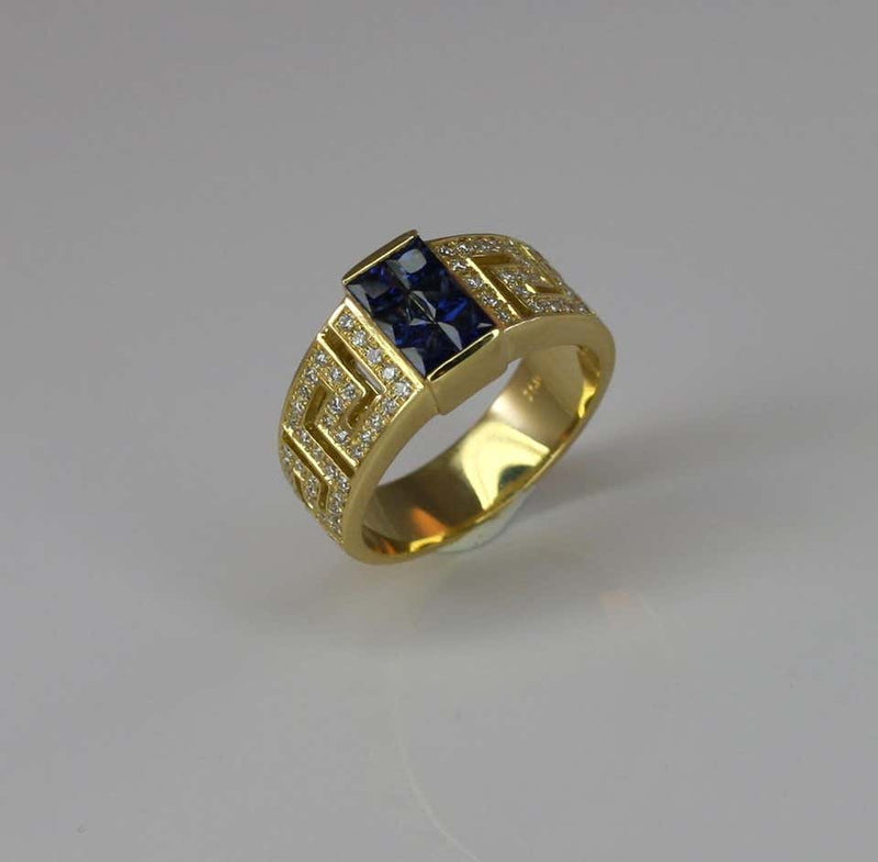 18 Karat Yellow Gold Diamond and Sapphire Greek Key Ring