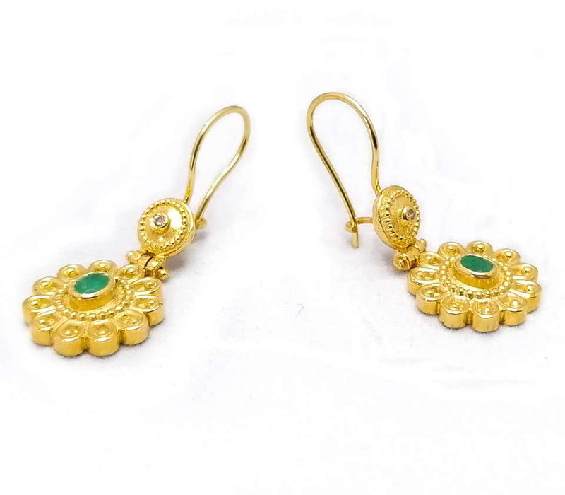 18 Karat Yellow Gold Diamond Emerald Floral Drop Earrings