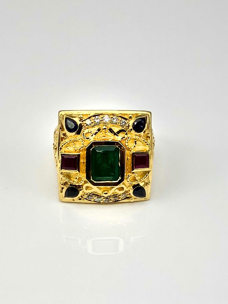 18 Karat Yellow Gold Emerald Ring with Sapphires And Rubies