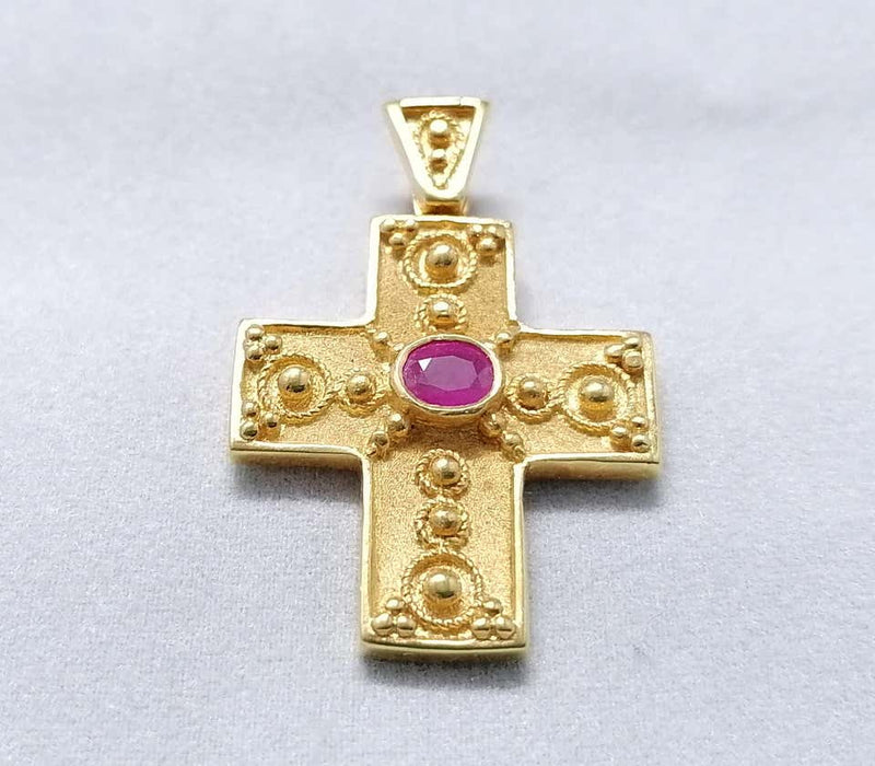 18 Karat Yellow Gold Ruby Granulated Cross Pendant