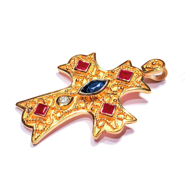 18 Karat Yellow Gold Diamond Cross with Sapphires and Rubys
