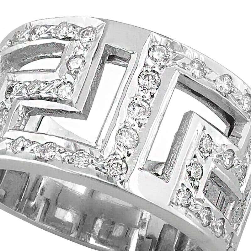 18 Karat White Gold Diamond Greek Key Wide Band Ring