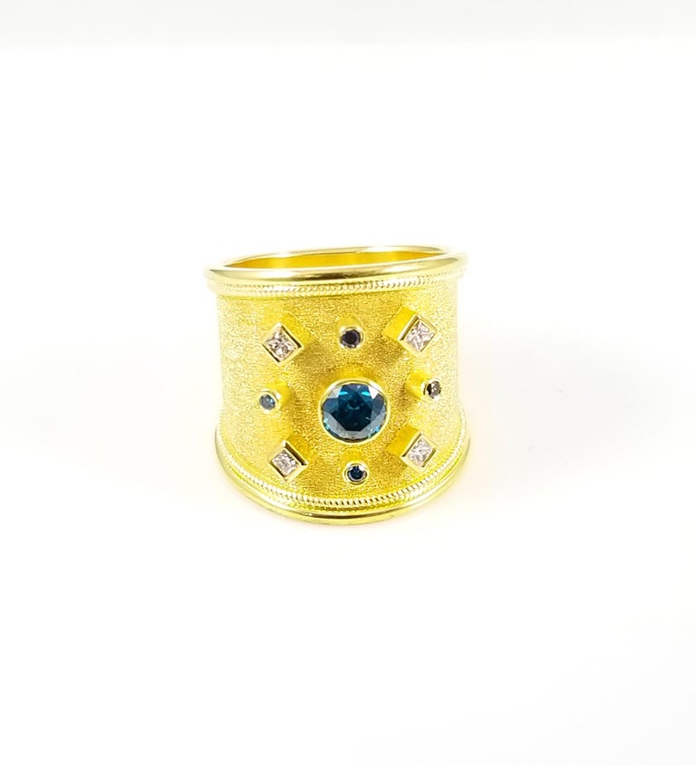 18 Karat Yellow Gold Blue and White Diamond Thick Band Ring
