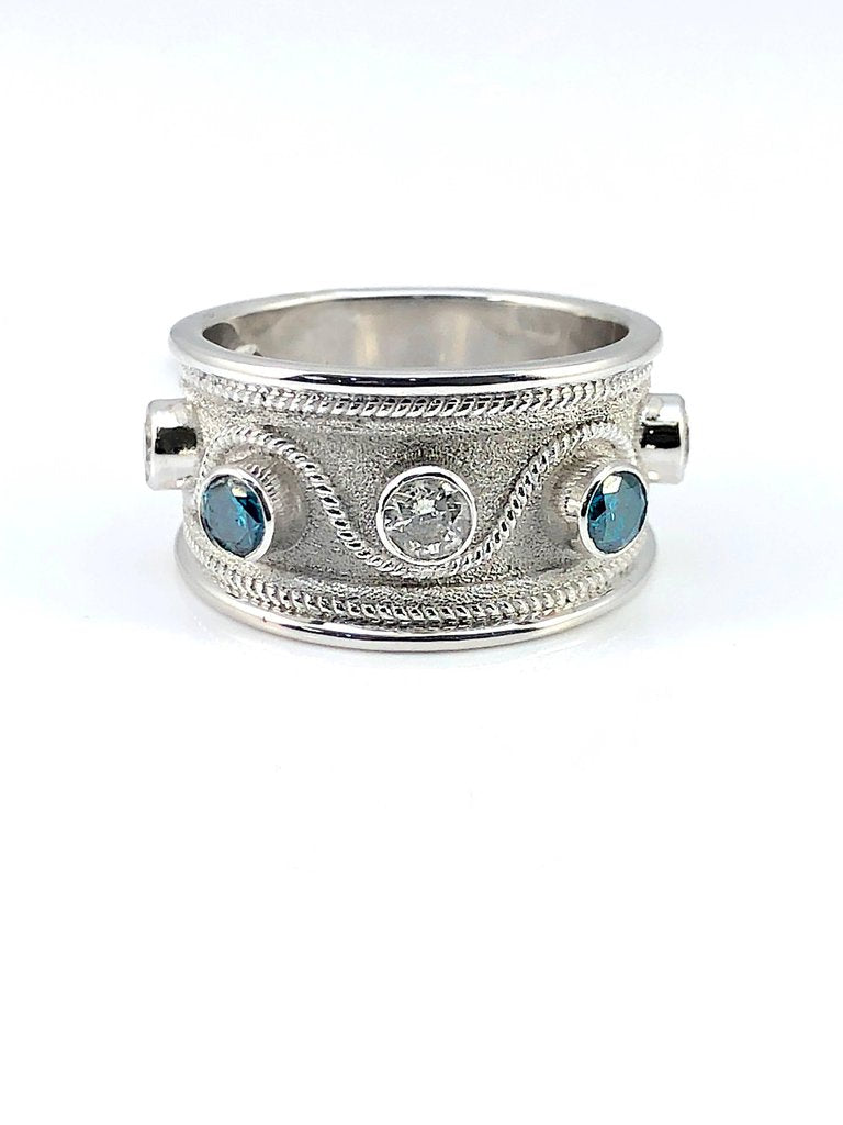 18 Karat White Gold Blue and White Diamond Band Ring