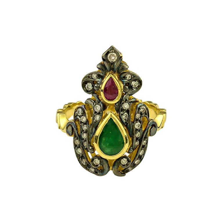 18 Karat Gold Diamond Emerald Ruby Ring with Black Rhodium