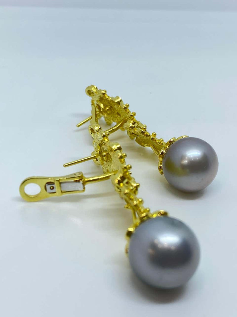 18 Karat Yellow Gold Diamond South Sea Pearl Drop Earrings