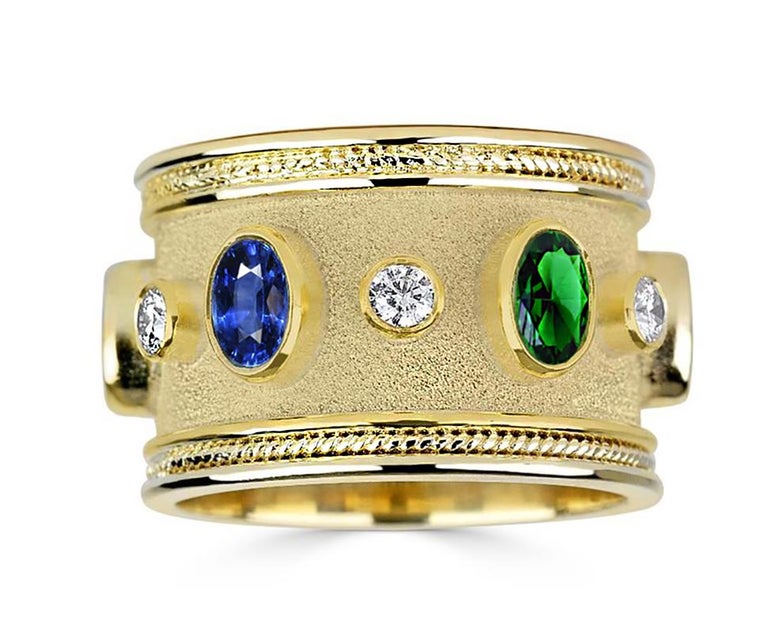 18 Karat Yellow Gold Diamond Ruby Emerald Sapphire Ring