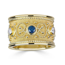 18 Karat Yellow Gold Blue and White Diamond Band Ring