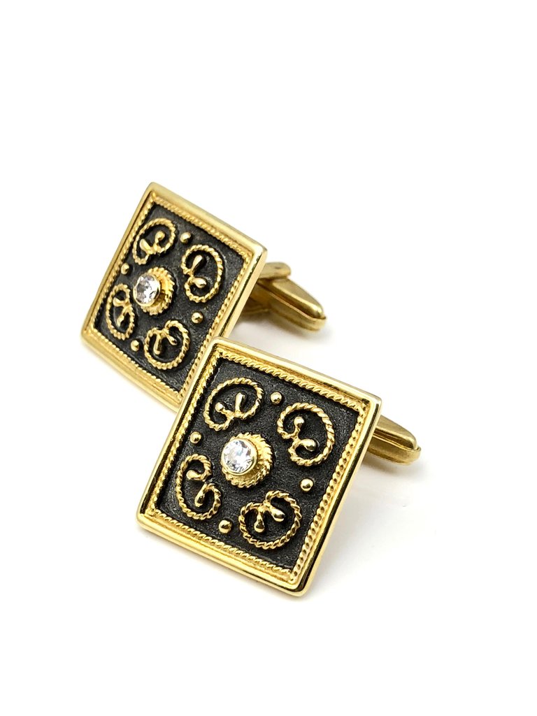 18 Karat Yellow Gold Byzantine Style Diamond Cufflinks