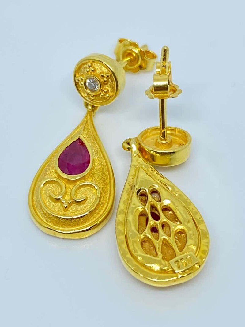 18 Karat Yellow Gold Diamond and Ruby Pear Drop Earrings
