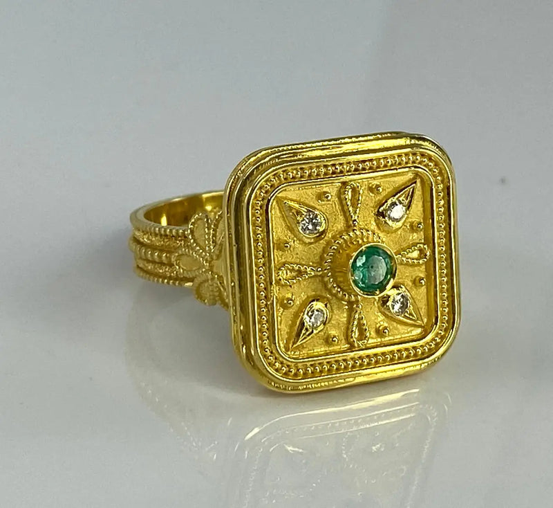 18 Karat Gold Square with Granulation Emerald Diamond Ring