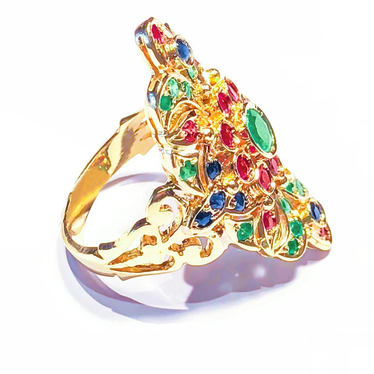 18 Karat Yellow Gold Emerald Ruby Sapphire Byzantine Ring