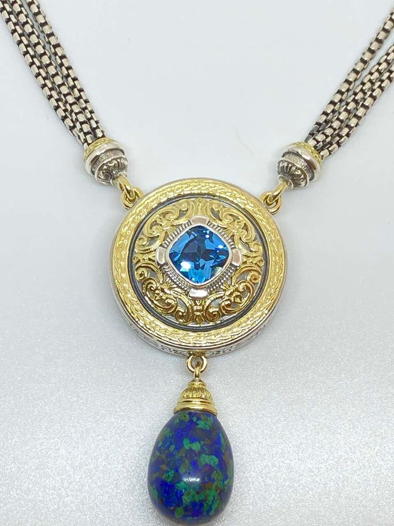 18 Karat Gold and Silver Topaz and Lapis Pendant Necklace