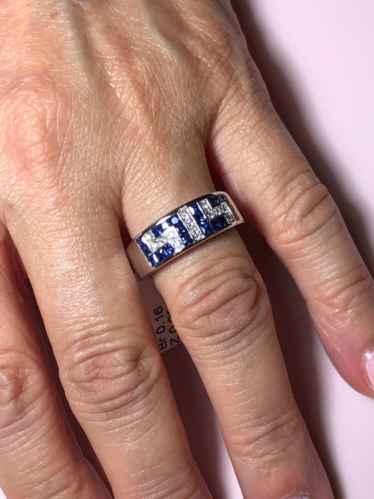 18 Karat White Gold Diamond and Sapphire Greek Key Ring